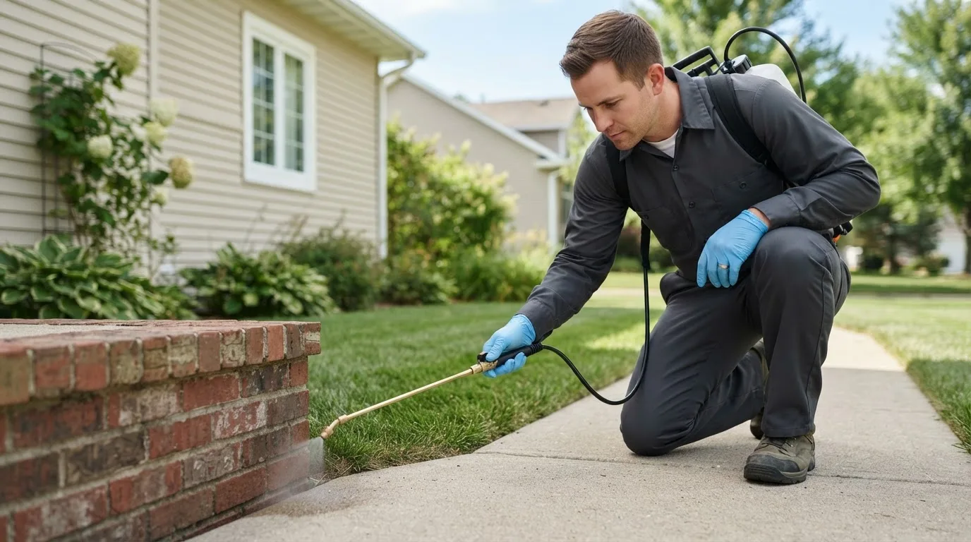 Pest control technician treating a home near Ridgeway, VA